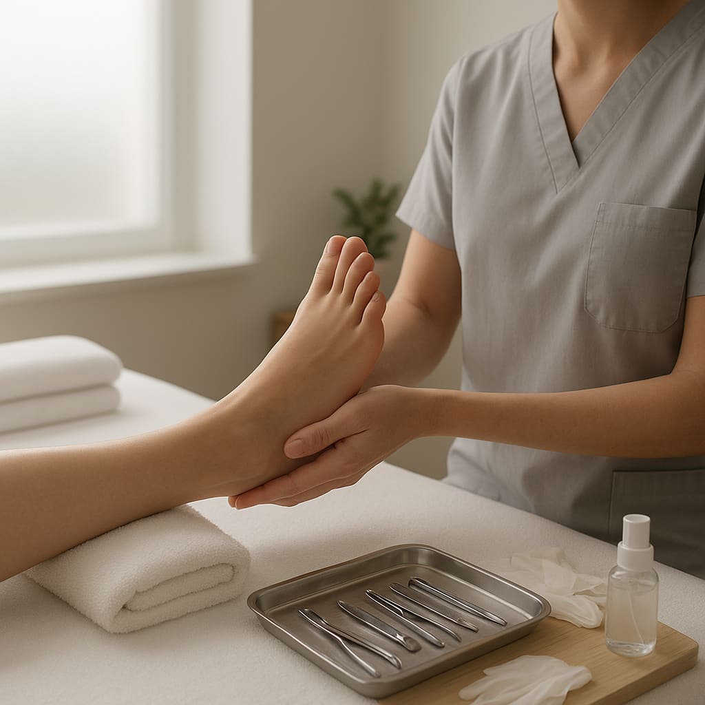 Ruhige Fußpflegebehandlung im hellen Studio